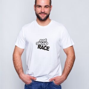 Biała koszulka motoryzacyjna Eat Sleep RACE